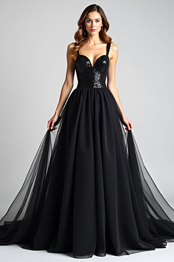 Sparkly A Line Sweetheart Robe cravate noire froncée
